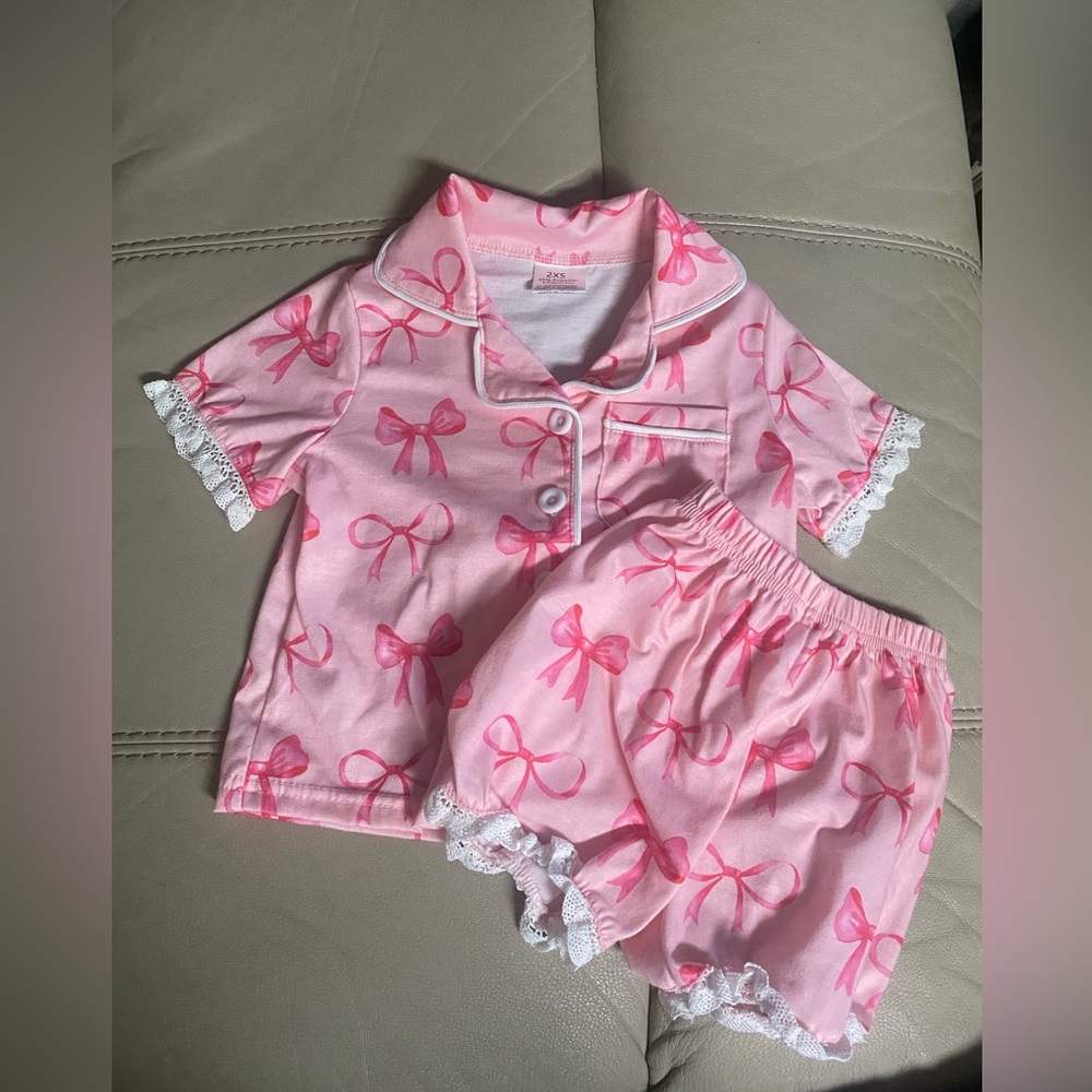 Pink Bow Pajama Set with Lace Trim